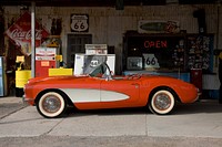 Corvette Car outside the Route 66 Hackberry General Store in Hackberry, Arizona. Original image from <a href="https://www.rawpixel.com/search/carol%20m.%20highsmith?sort=curated&amp;page=1">Carol M. Highsmith</a>&rsquo;s America, Library of Congress collection. Digitally enhanced by rawpixel.