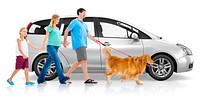 Happy family of three with a pet dog and a car