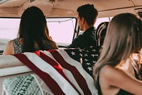 Friends sitting in minivan, road trip travel photo in aesthetic style