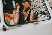 Aesthetic woman road trip portrait, travel influencer in a van