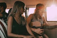 Boho girls on road trip to music festival, aesthetic travel HD photo