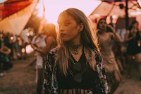 Beautiful boho girl portrait, music festival aesthetic, summer vacation photo