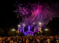 Colors of the illuminated Civic Center in downtown Denver mirror many of those in the fireworks overhead at the annual American Independence Day celebration. Original image from <a href="https://www.rawpixel.com/search/carol%20m.%20highsmith?sort=curated&amp;page=1">Carol M. Highsmith</a>&rsquo;s America, Library of Congress collection. Digitally enhanced by rawpixel.