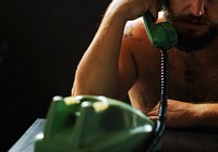 Man using telephone on tension talking 