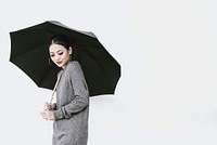 Woman holding umbrella, border background with design space