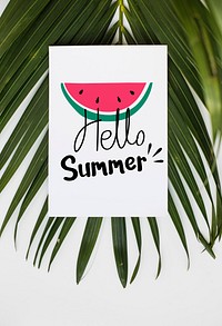 White summer poster with a palm leaf