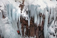 Climber at the Ouray Ice Park, a human-made ice climbing venue in a natural gorge within walking distance of the city of Ouray, Colorado.