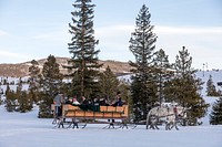 A horse-drawn sleigh carries passengers through the snow-covered fields at the Frisco Adventure Park, a year-round recreational complex in Frisco, Colorado. Original image from Carol M. Highsmith&rsquo;s America, Library of Congress collection. Digitally enhanced by rawpixel.