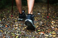 Close-up image of woman wearing trekking shoes