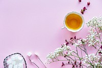 Aerial view of hot tea drink feminine decor concept