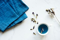 Aerial view of hot butterfly pea tea drink