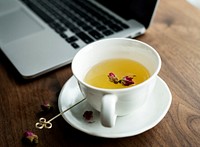 A cup of nice herbal tea next to a computer laptop
