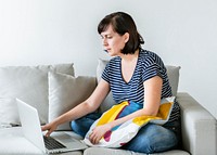 White woman using laptop