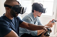 Men experiencing virtual reality with VR headset