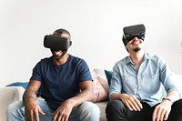 Men experiencing virtual reality with VR headset