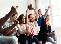 Friends cheering sport league together