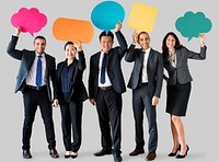 Cheerful business people holding speech bubble icon