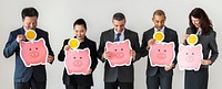Business people holding piggybank icon