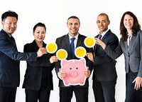 Business people holding piggybank icon