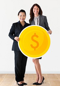 Businesswomen holding dollar coin icon