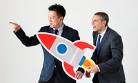 Businessmen holding rocket icon