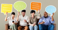 Cheerful people holding speech bubble icon