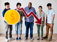Diverse people standing and holding currency logo and graph