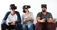 Group of diverse friends enjoying virtual reality game