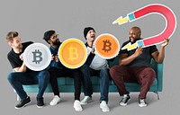 Group of diverse friends with cryptocurrency concept