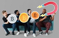 Group of diverse friends with cryptocurrency concept