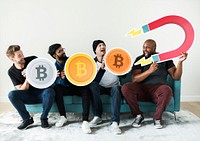 Group of diverse friends sitting on couch cryptocurrency concept