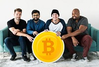 Group of diverse men with bitcoin icon