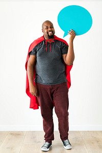 Superhero holding speech bubble isolated on white background