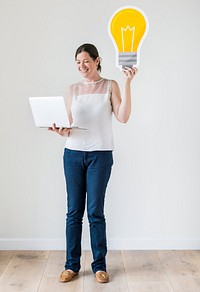 A woman carrying light bulb icons