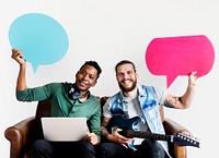 Cheerful people holding speech bubble icon