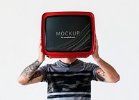 Man with a television screen mockup