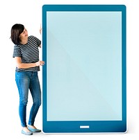 Woman holding a blue tablet mockup