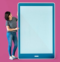 Woman holding a blue tablet mockup