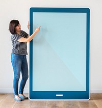 Woman holding a blue tablet mockup