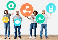 Diverse people with social media icons