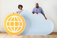Happy people with cloud and technology icons