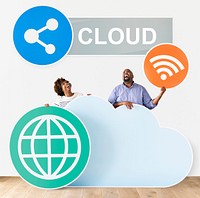 Happy people with cloud and technology icons