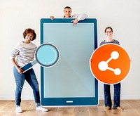 Happy people holding tablet with graphics