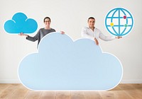 People holding cloud and technology icons