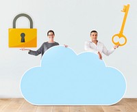 People holding cloud and security icons
