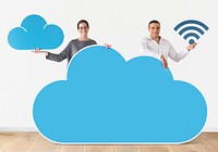 People holding cloud and technology icons