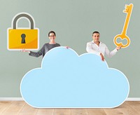 People holding cloud and security icons