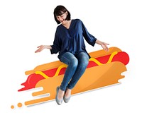 Woman sitting on an illustrated hot dog