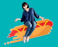 Woman sitting on an illustrated hot dog