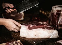 Tomahawk beef steak at a butcher shop food photography recipe idea